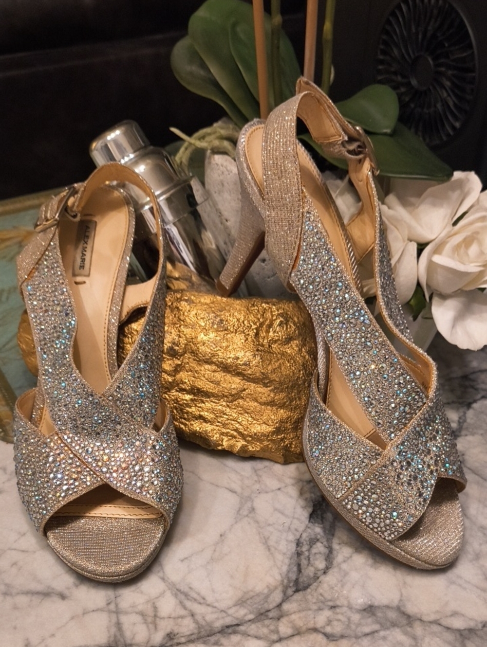 Alex Marie Sliverr  Sparkling Rhinestones Cross-band front Open Toe Heels